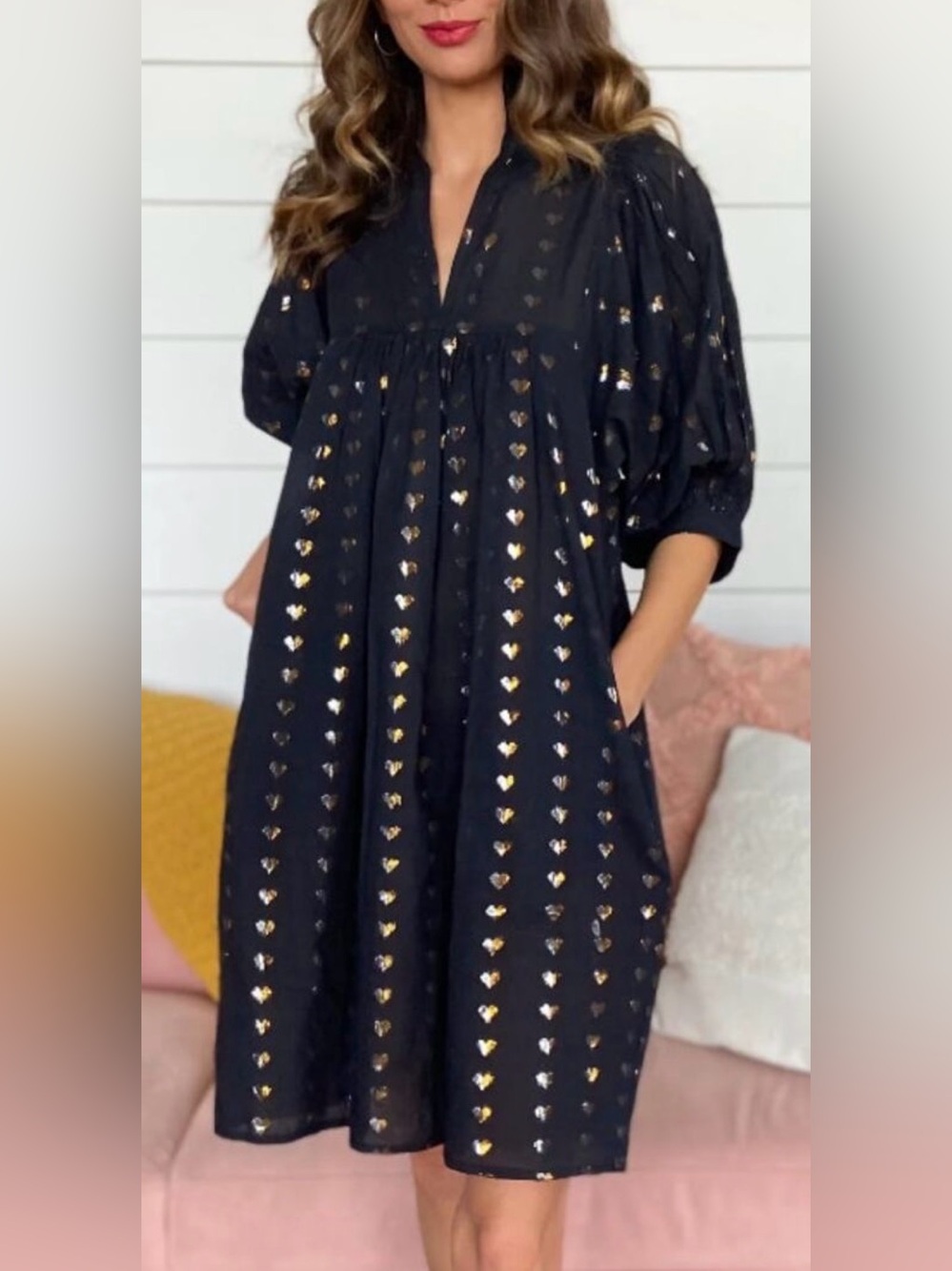 Never A Wallflower Metallic Heart Black Puff-Sleeve Mini Dress Black Size XS